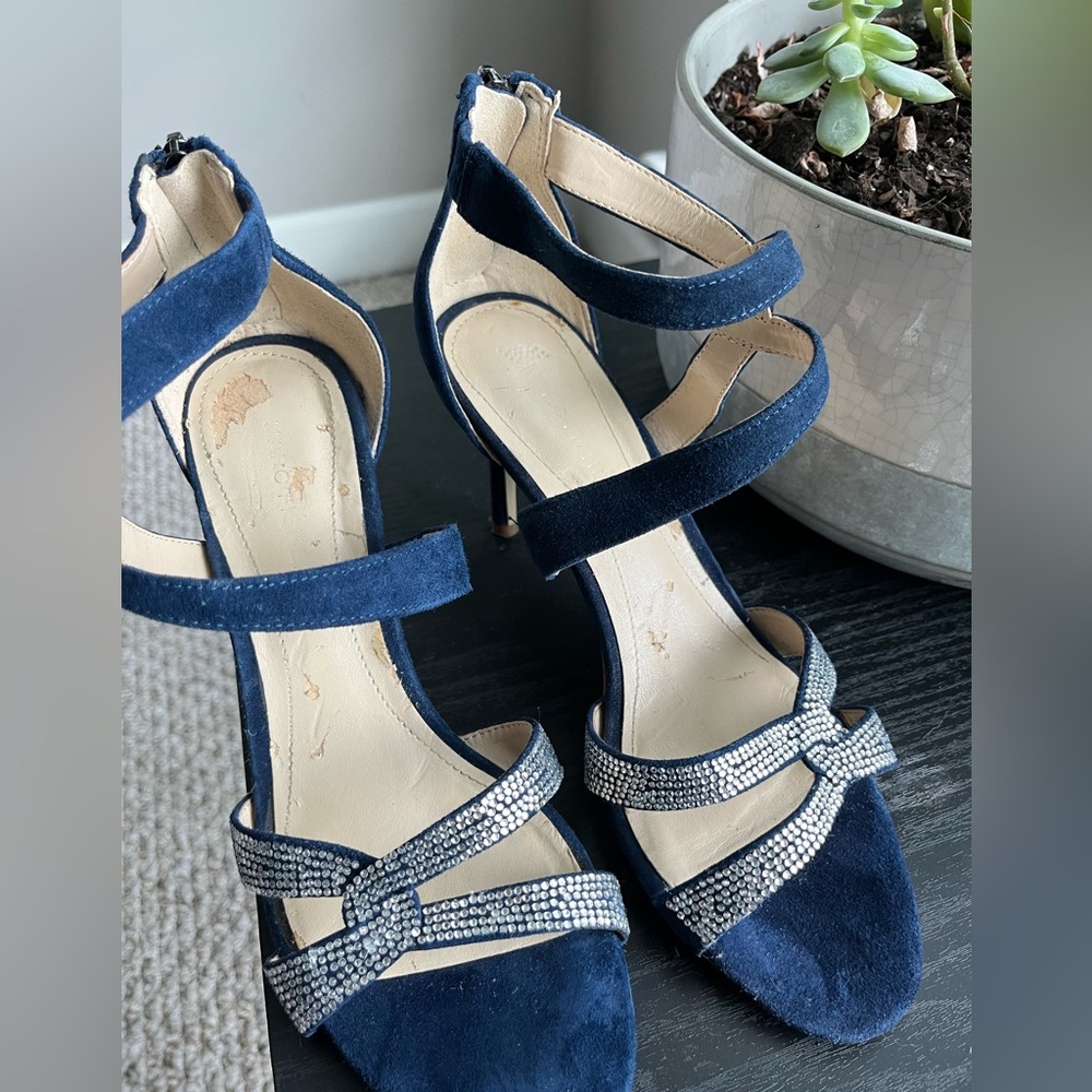 Elegant Navy suede Strappy Heels with Rhinestone Accents by Marc Fisher 7.5